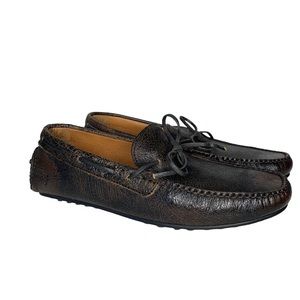 FRYE Men Size‎ 8 Allen Tie Moc Toe Brown Crackle Leather Driver Loafers Shoes